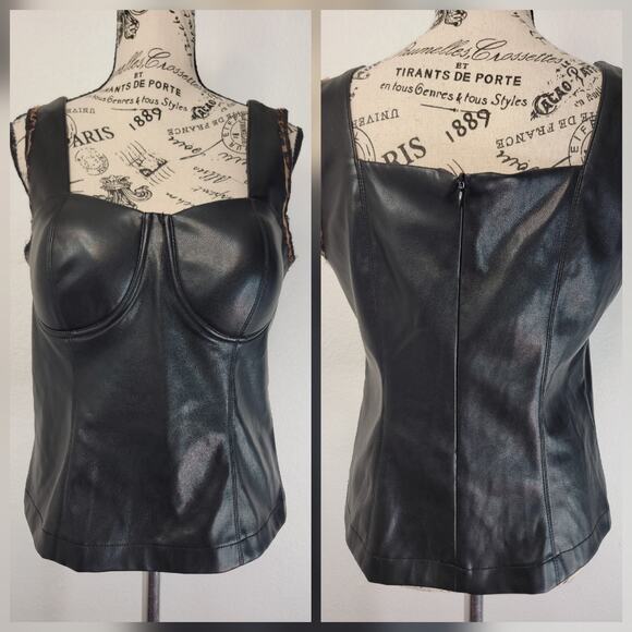 Marc New York Faux Leather Stretch Cami Tank Sz Small Black Leopard Trim Vampi - Picture 1 of 9